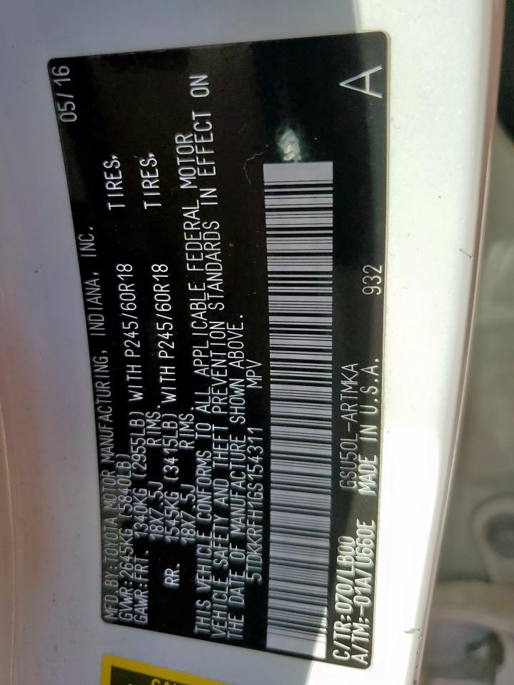 2016 Toyota Highlander Xle VIN: 5TDKKRFH1GS154311 Lot: 71447265