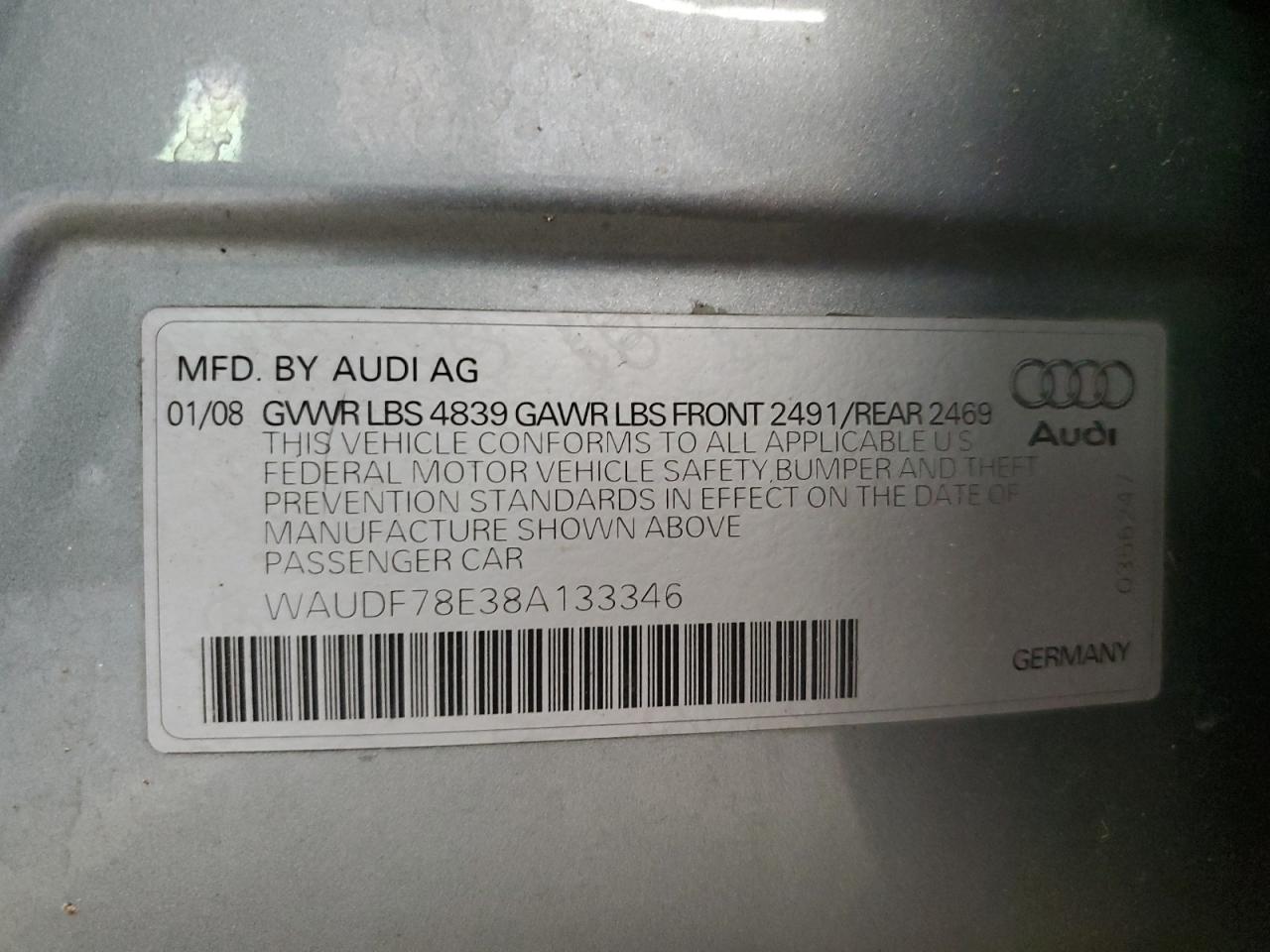 2008 Audi A4 2.0T Quattro VIN: WAUDF78E38A133346 Lot: 80515835