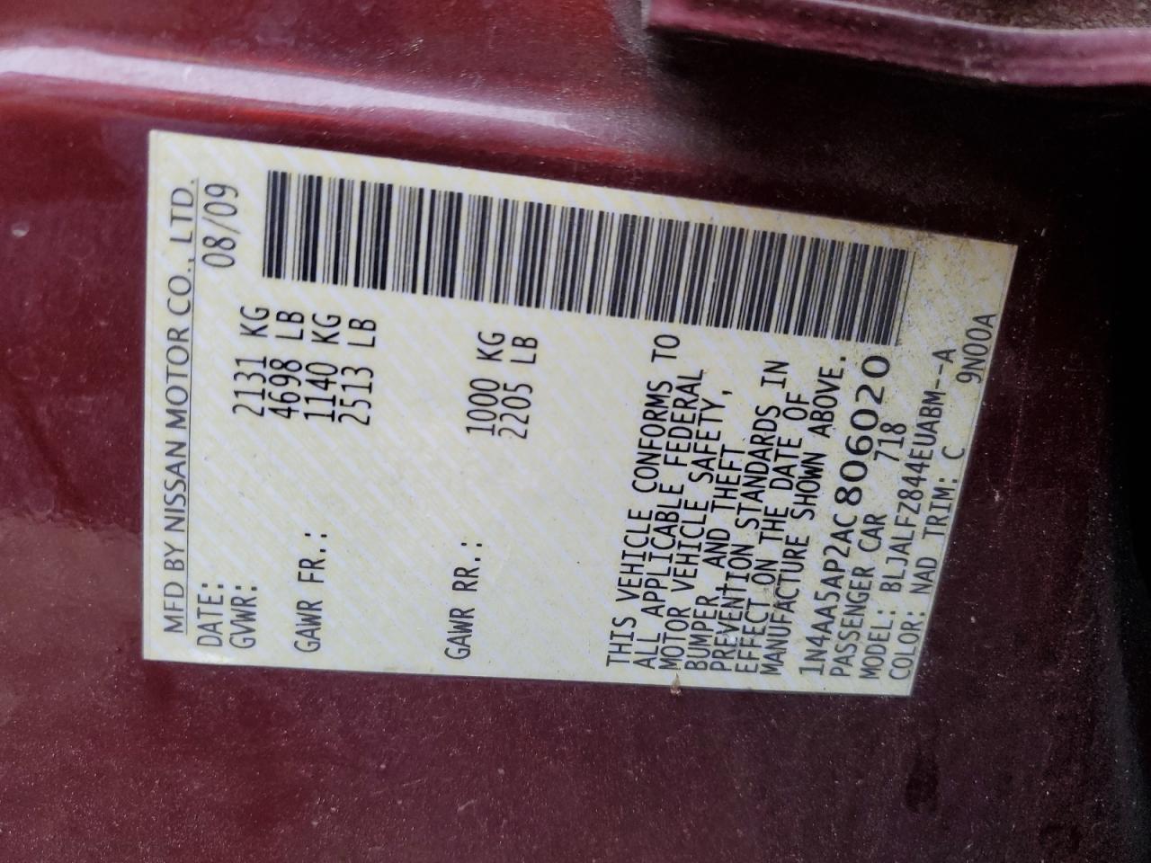 2010 Nissan Maxima S VIN: 1N4AA5AP2AC806020 Lot: 80082795