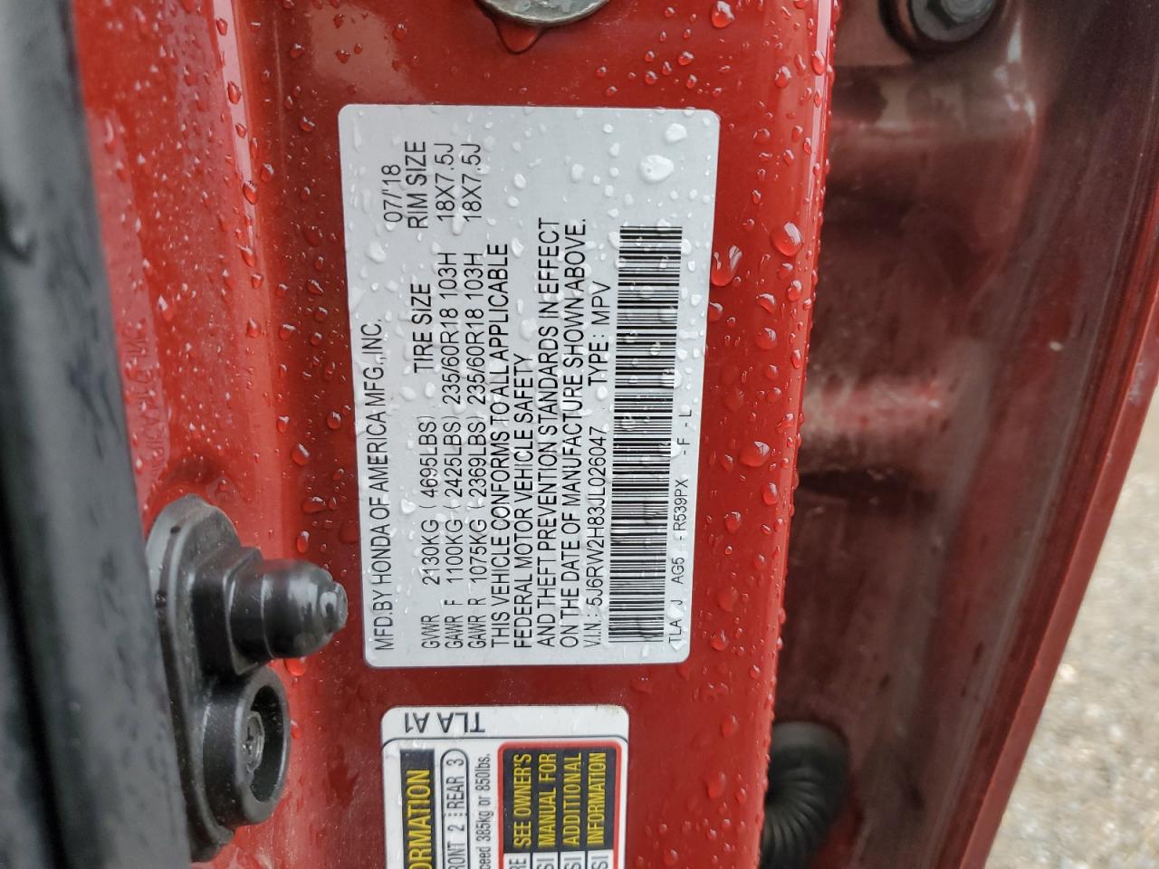 2018 Honda Cr-V Exl VIN: 5J6RW2H83JL026047 Lot: 83803095