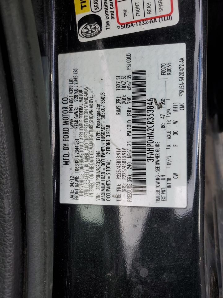 2012 Ford Fusion Se VIN: 3FAHP0HA2CR353846 Lot: 84792905