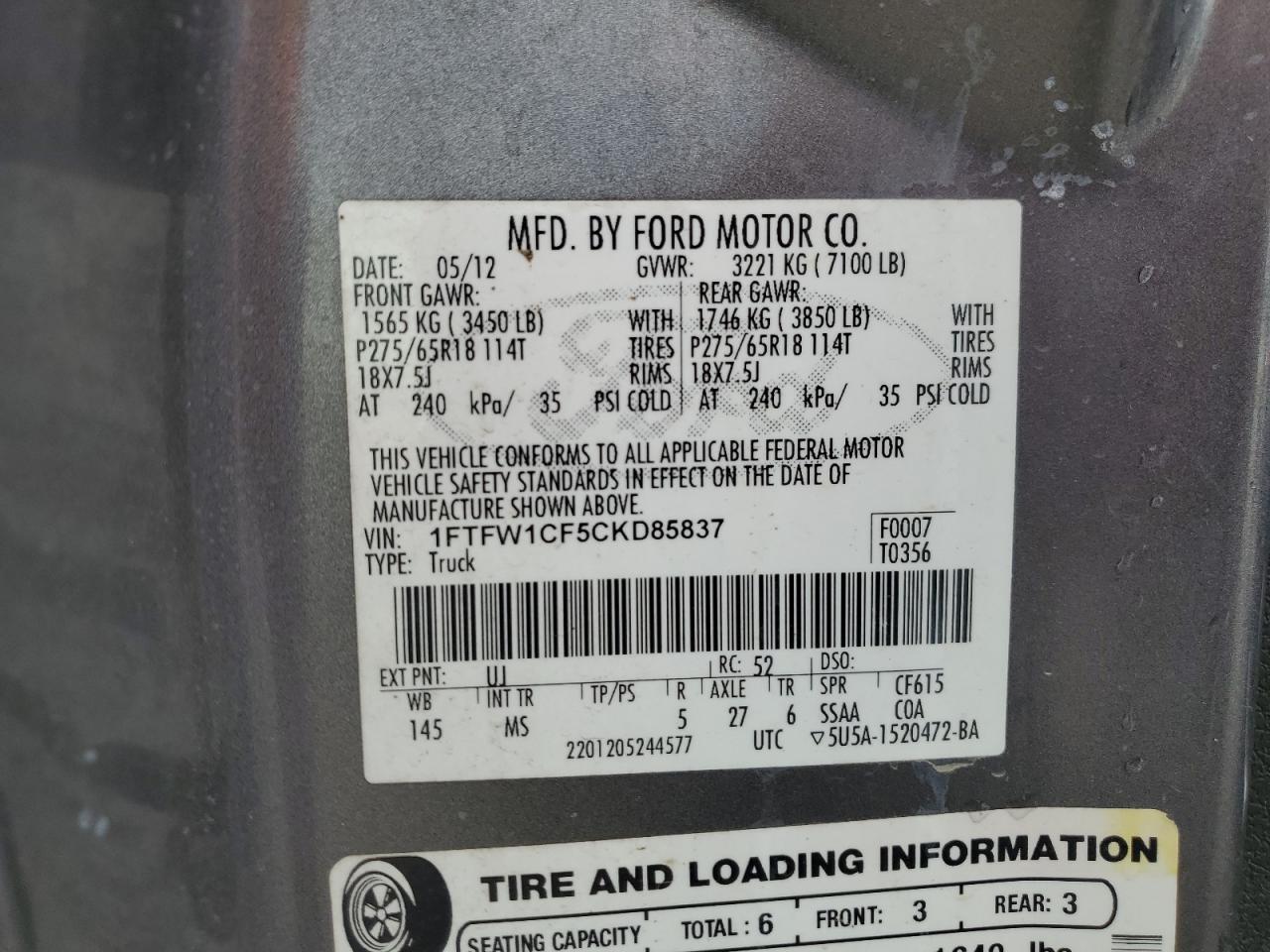 2012 Ford F150 Supercrew VIN: 1FTFW1CF5CKD85837 Lot: 71497205