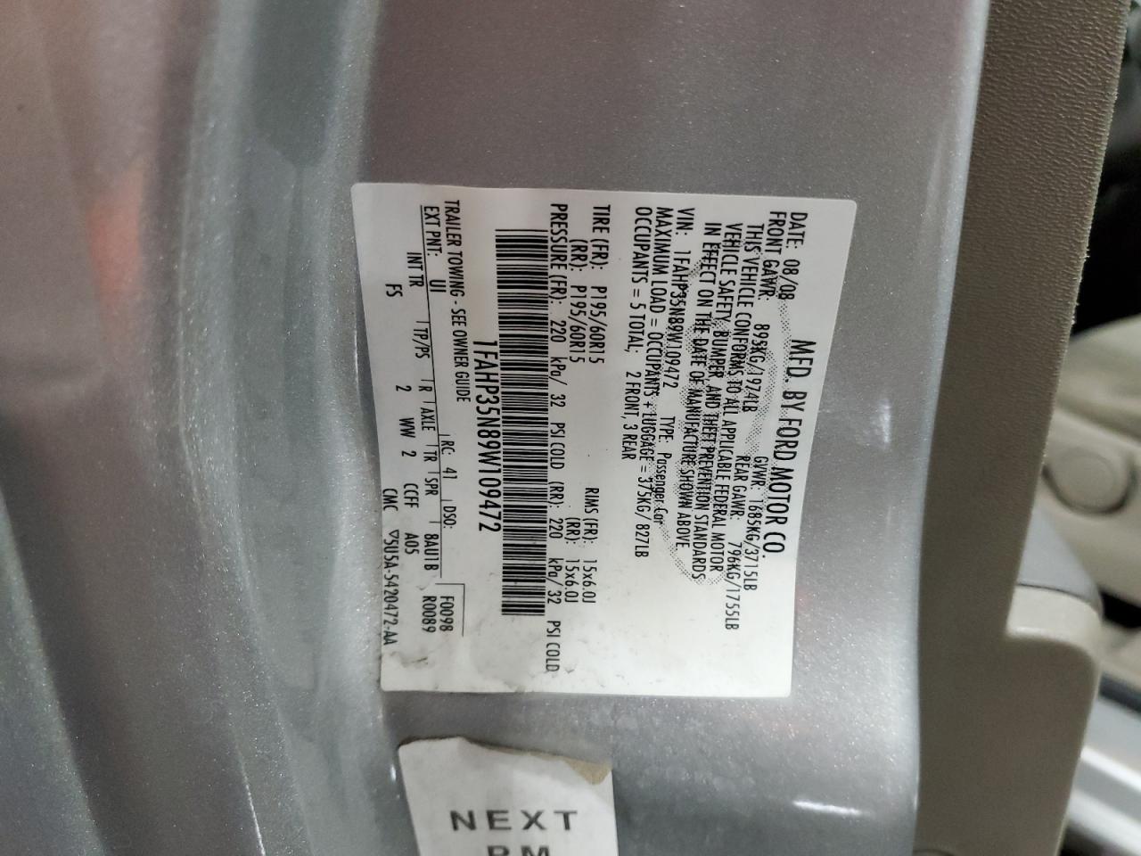 2009 Ford Focus Se VIN: 1FAHP35N89W109472 Lot: 80656535