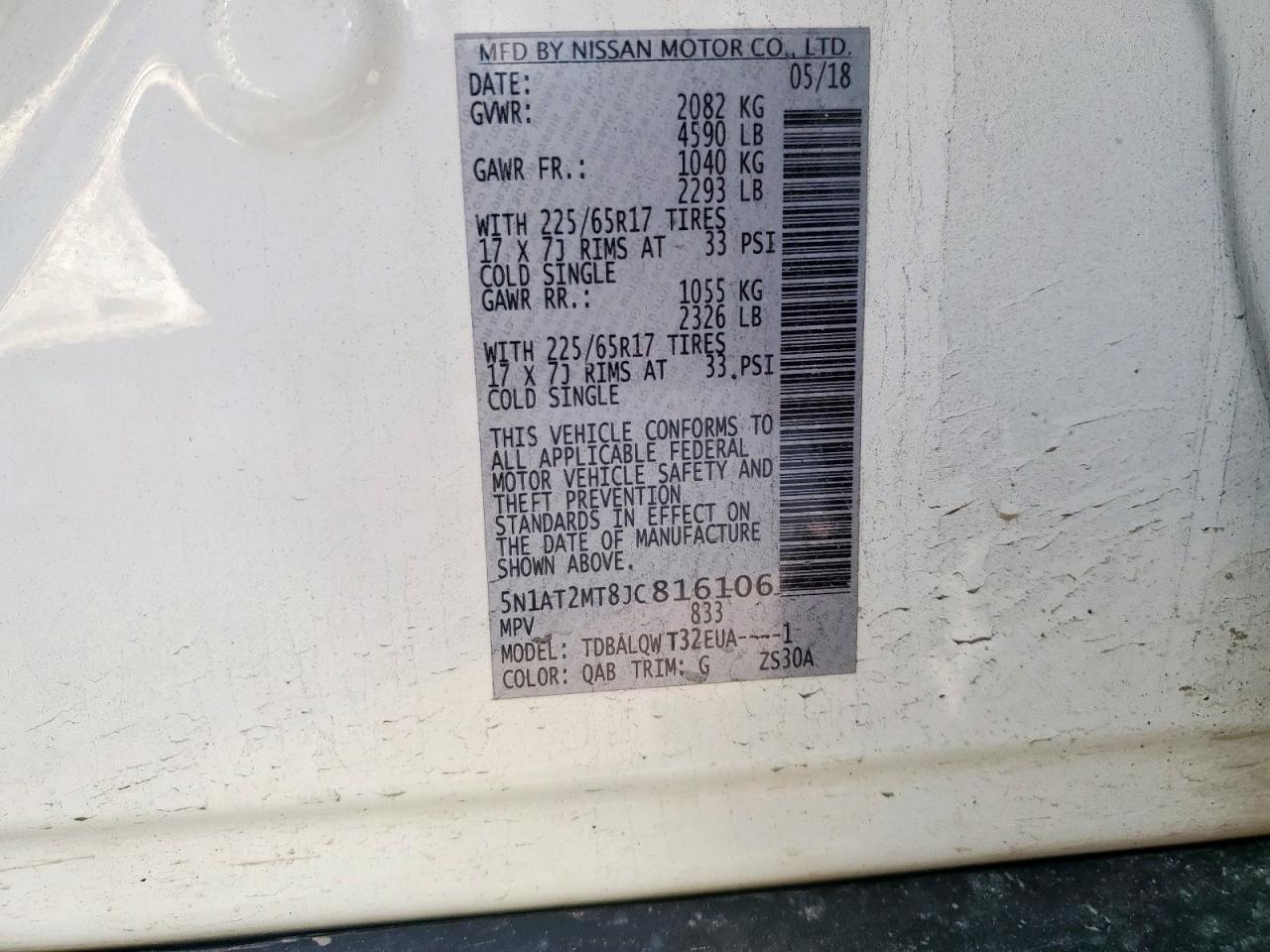 2018 Nissan Rogue S VIN: 5N1AT2MT8JC816106 Lot: 80728245