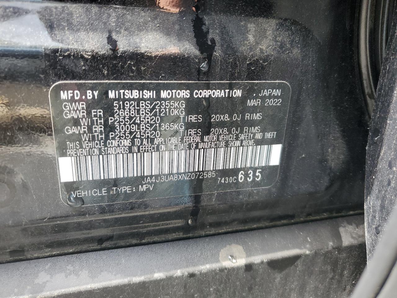 2022 Mitsubishi Outlander Se VIN: JA4J3UA8XNZ072585 Lot: 70680325