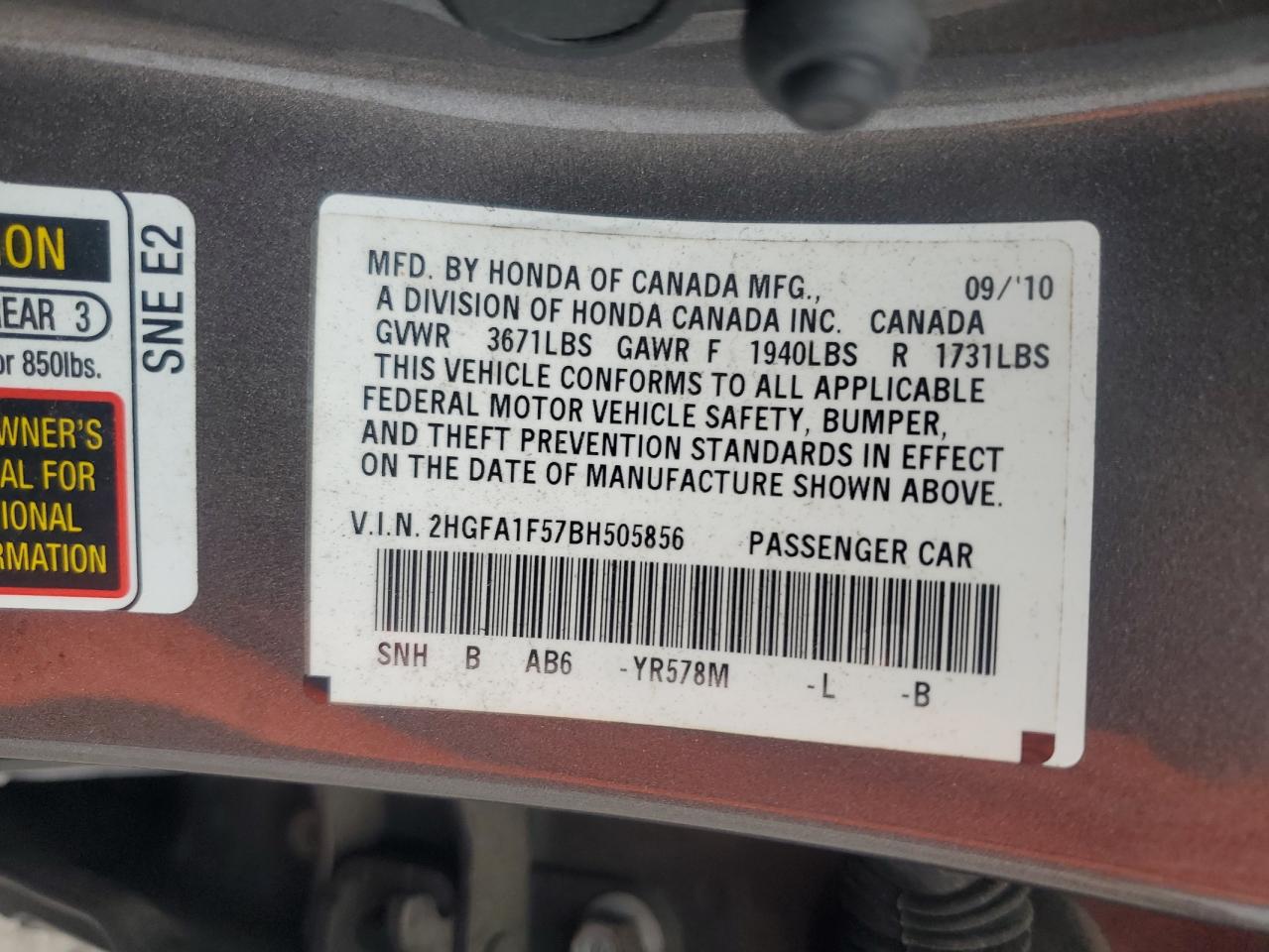 2011 Honda Civic Lx VIN: 2HGFA1F57BH505856 Lot: 84229725