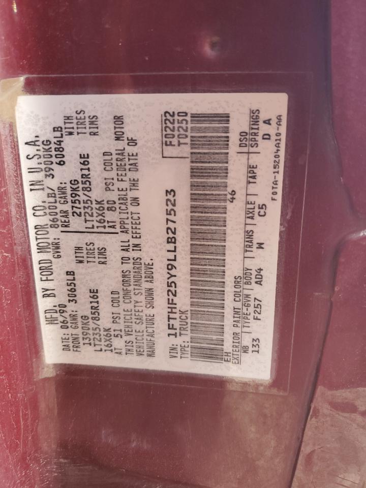 1990 Ford F250 VIN: 1FTHF25Y9LLB27523 Lot: 84455525