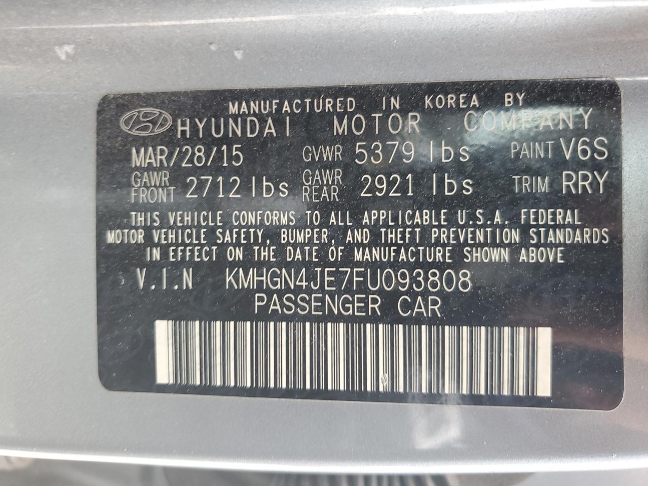 2015 Hyundai Genesis 3.8L VIN: KMHGN4JE7FU093808 Lot: 81867435