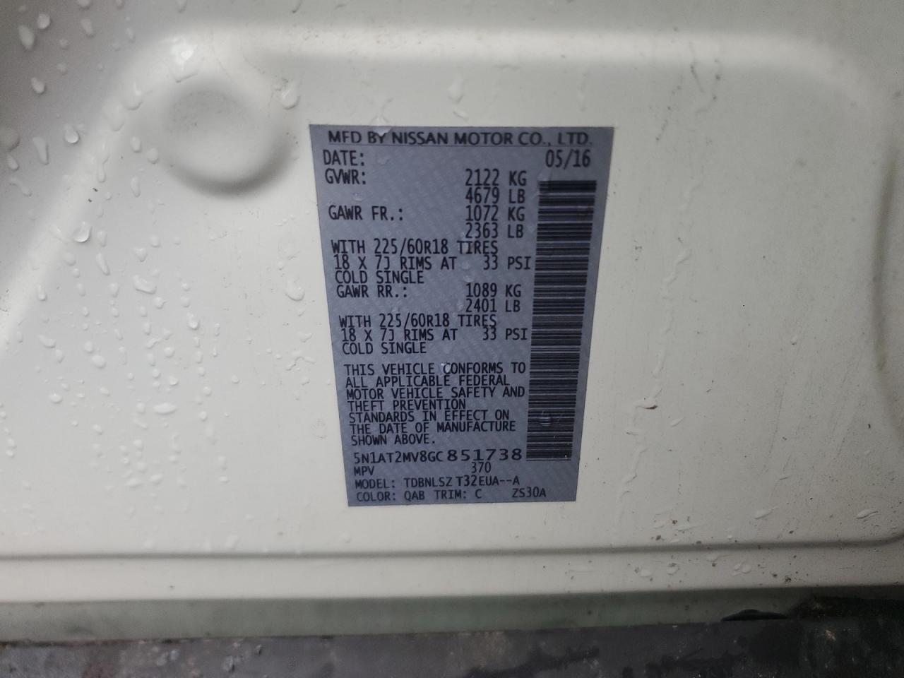 2016 Nissan Rogue S VIN: 5N1AT2MV8GC851738 Lot: 81430775