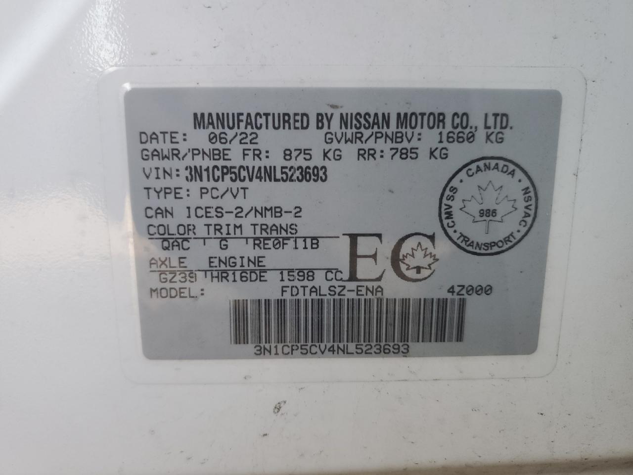 2022 Nissan Kicks Sv VIN: 3N1CP5CV4NL523693 Lot: 71879455