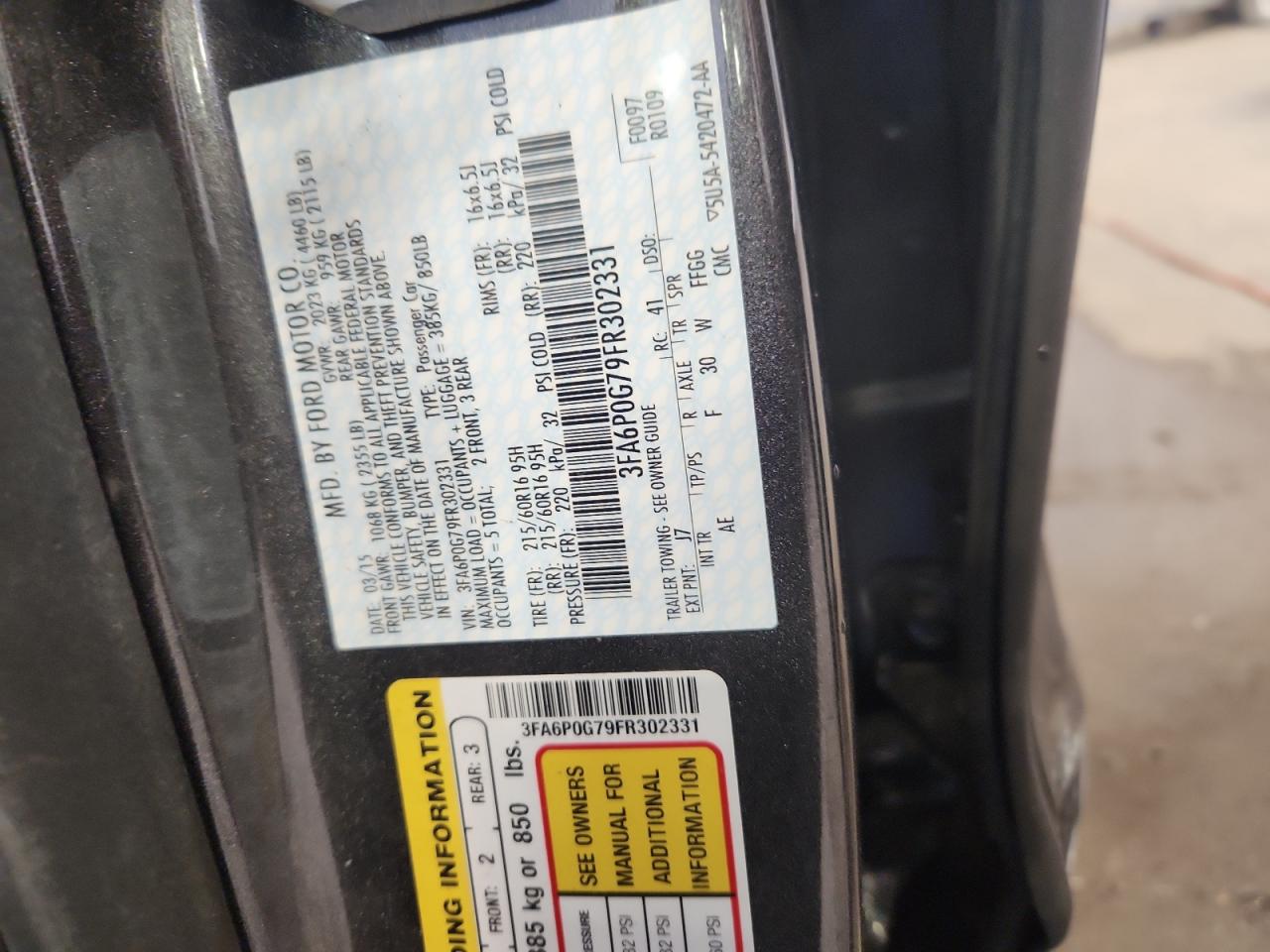 2015 Ford Fusion S VIN: 3FA6P0G79FR302331 Lot: 84055365