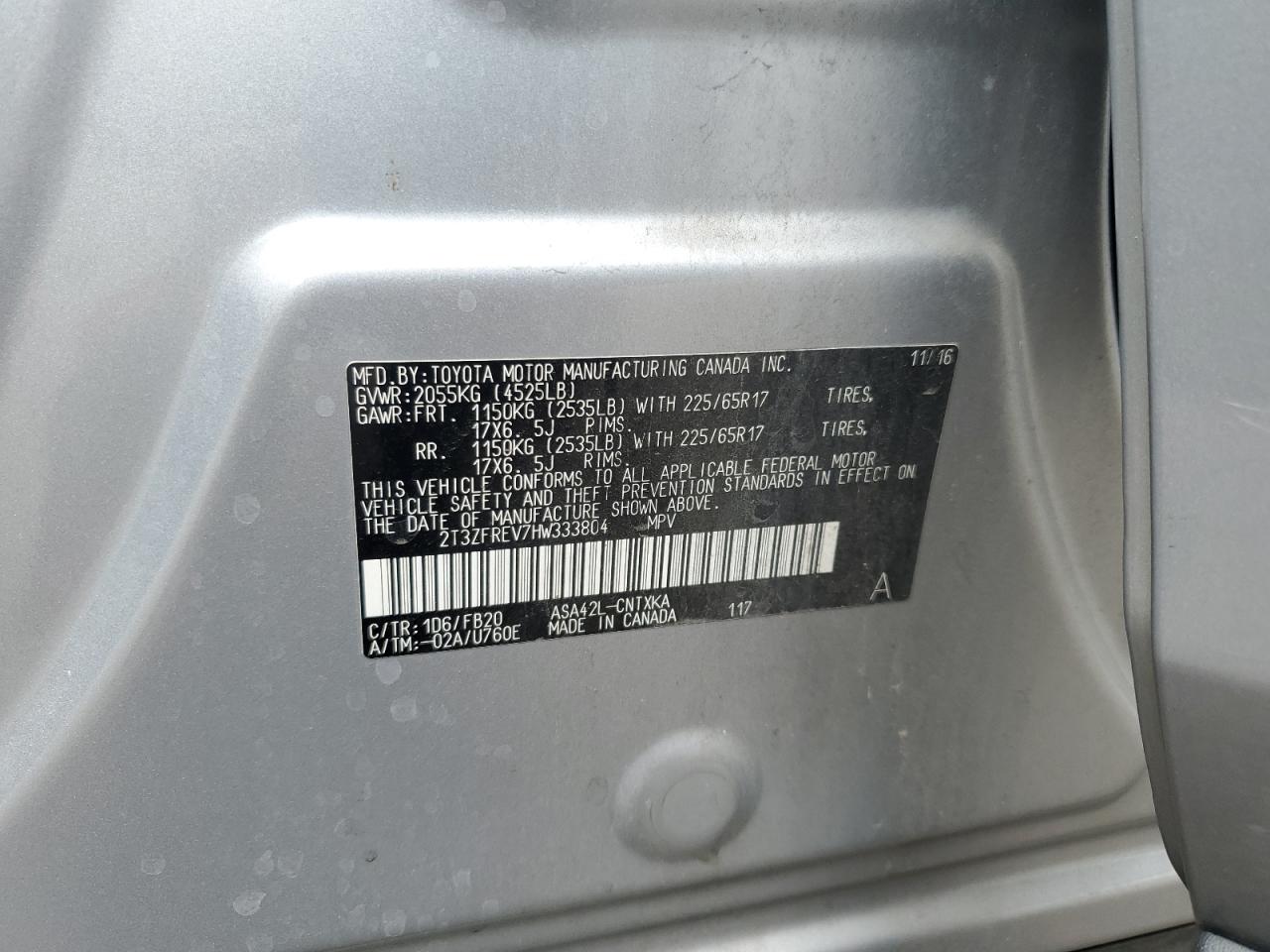 2017 Toyota Rav4 Le VIN: 2T3ZFREV7HW333804 Lot: 80102965