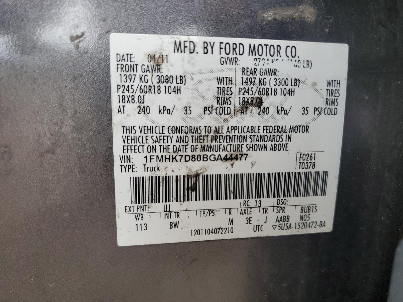 2011 Ford Explorer Xlt VIN: 1FMHK7D80BGA44477 Lot: 81456685