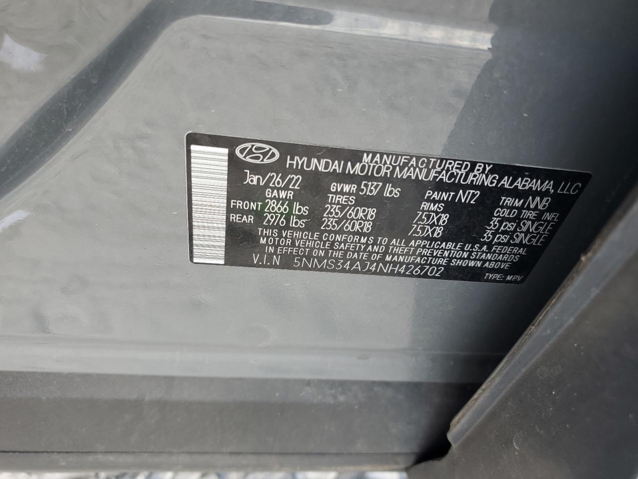 2022 Hyundai Santa Fe Sel VIN: 5NMS34AJ4NH426702 Lot: 84388985