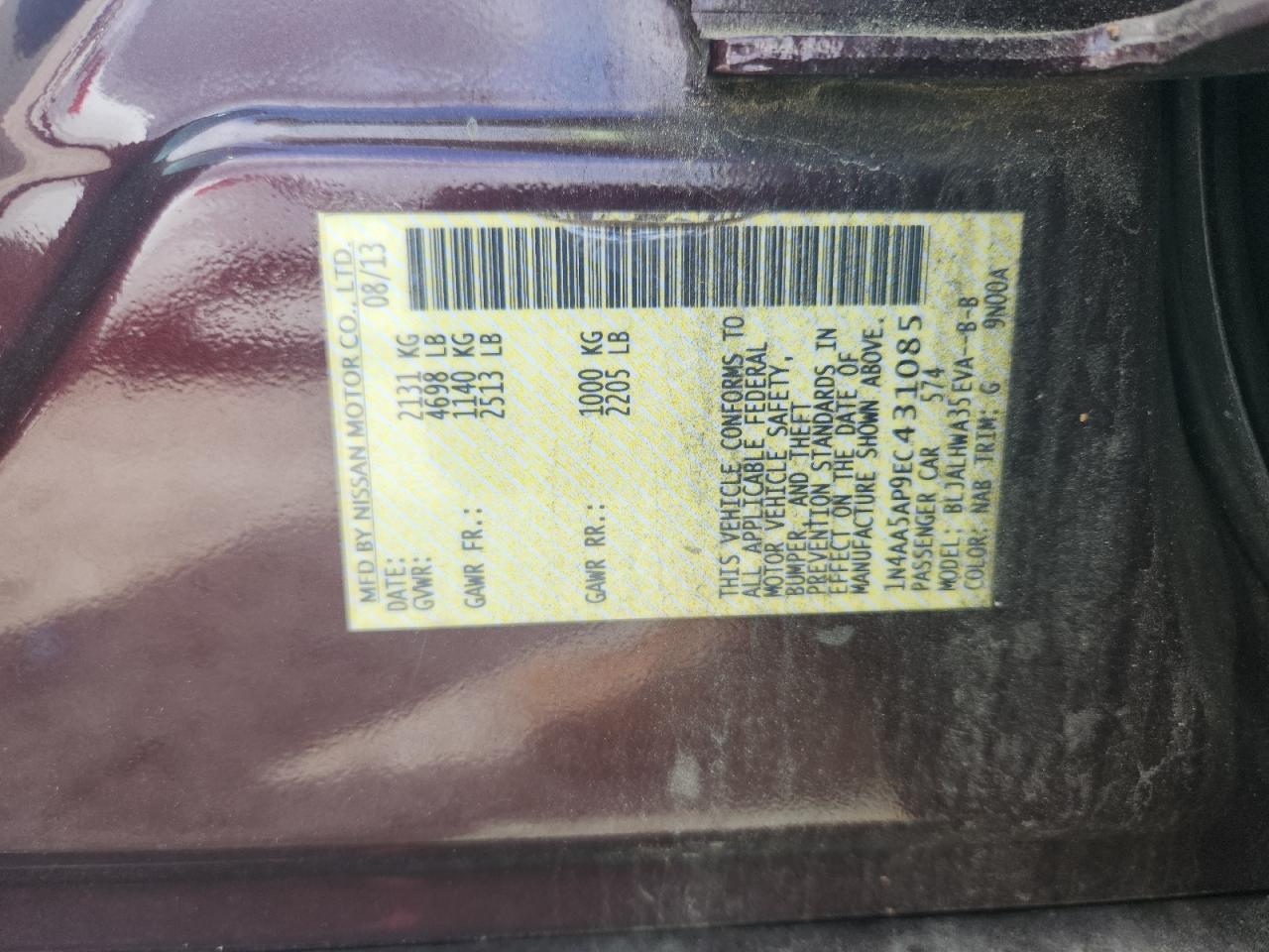 2014 Nissan Maxima S VIN: 1N4AA5AP9EC431085 Lot: 81670785