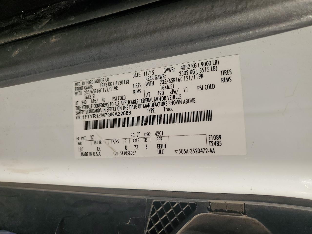 2016 Ford Transit T-250 VIN: 1FTYR1ZM7GKA22886 Lot: 81649855