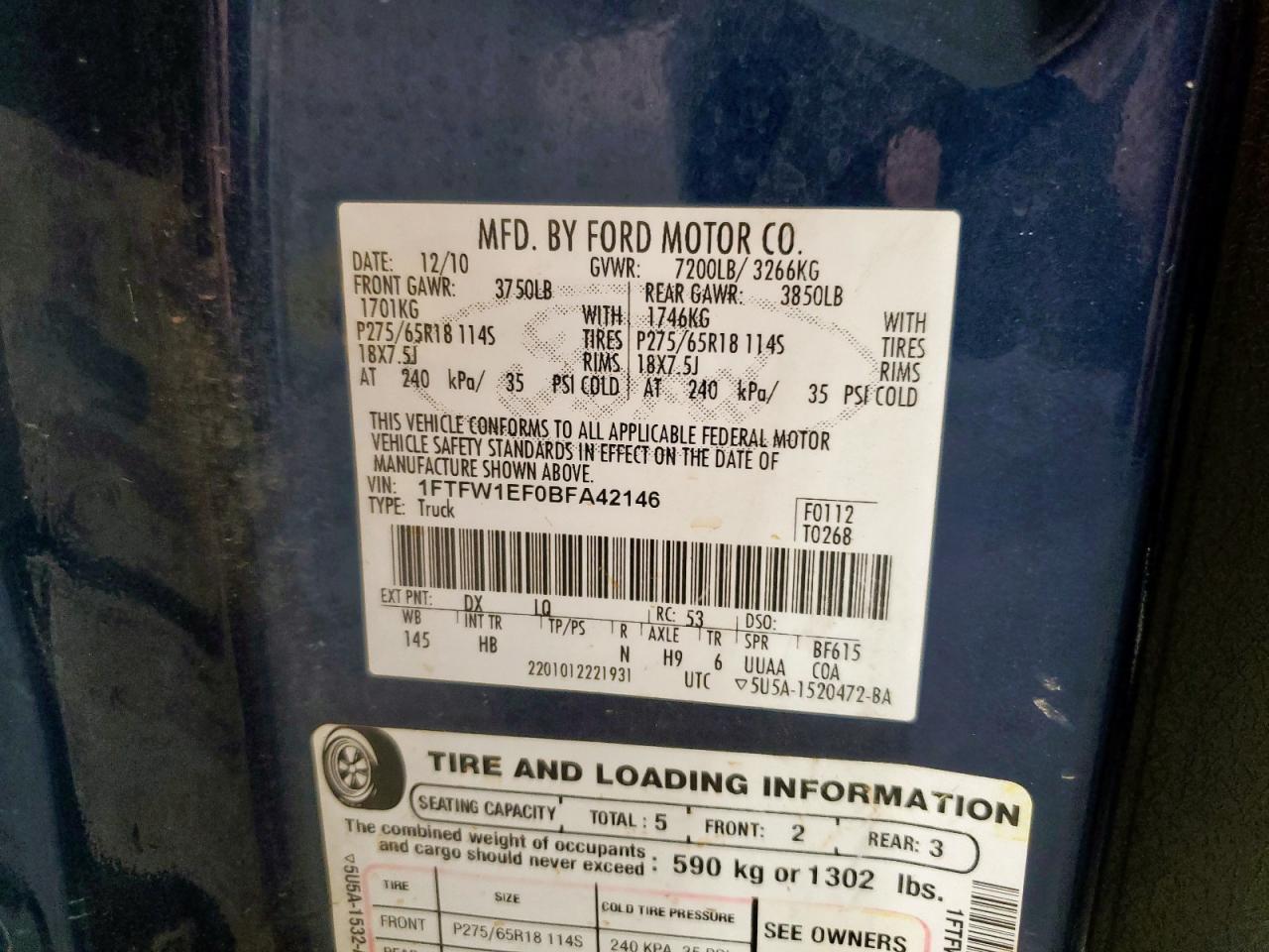 2011 Ford F150 Supercrew VIN: 1FTFW1EF0BFA42146 Lot: 81869305