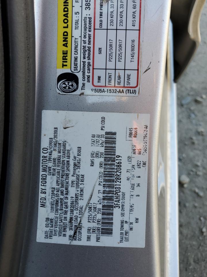 2008 Ford Fusion Sel VIN: 3FAHP08128R208619 Lot: 80580775