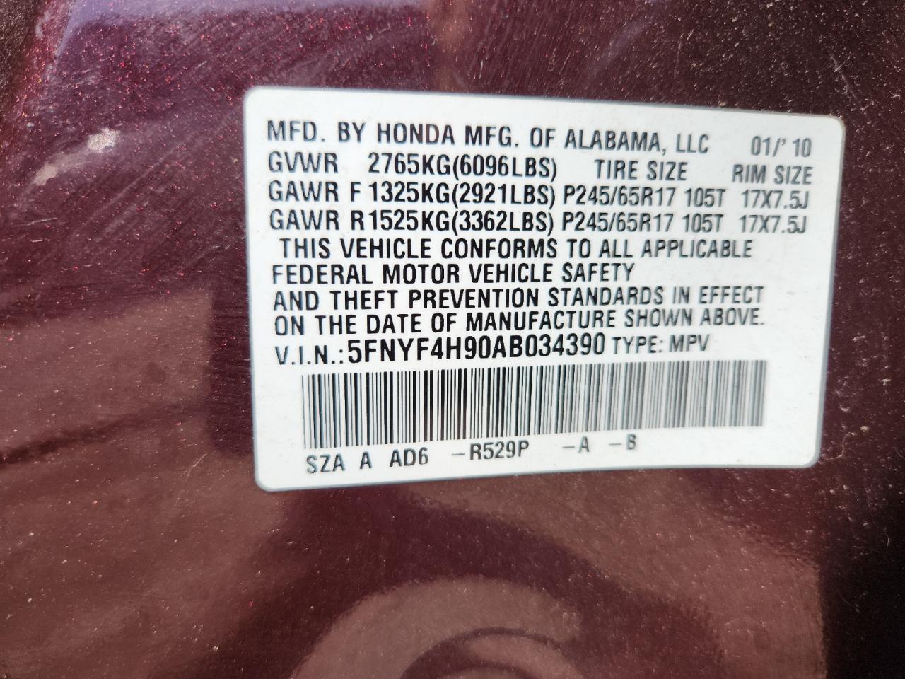 2010 Honda Pilot Touring VIN: 5FNYF4H90AB034390 Lot: 71918485