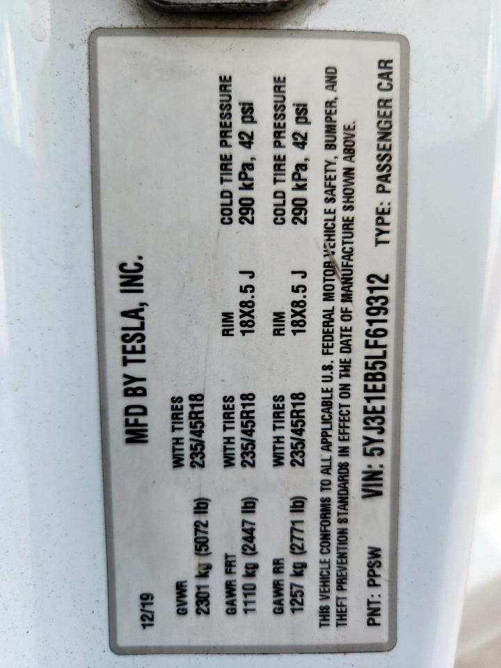 2020 Tesla Model 3 VIN: 5YJ3E1EB5LF619312 Lot: 81269465