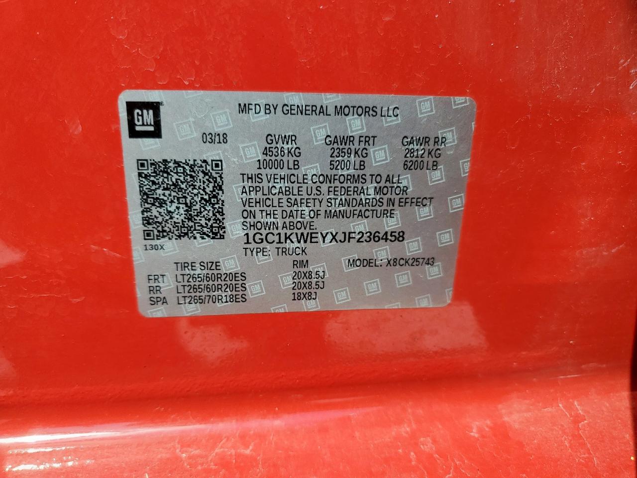 2018 Chevrolet Silverado K2500 Heavy Duty Ltz VIN: 1GC1KWEYXJF236458 Lot: 81852675