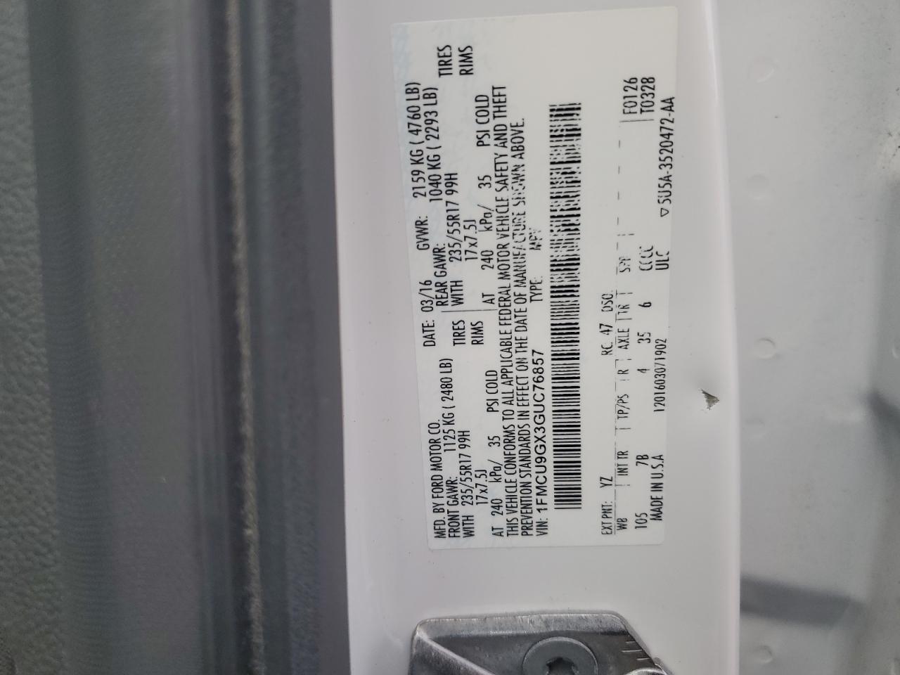 2016 Ford Escape Se VIN: 1FMCU9GX3GUC76857 Lot: 81970225