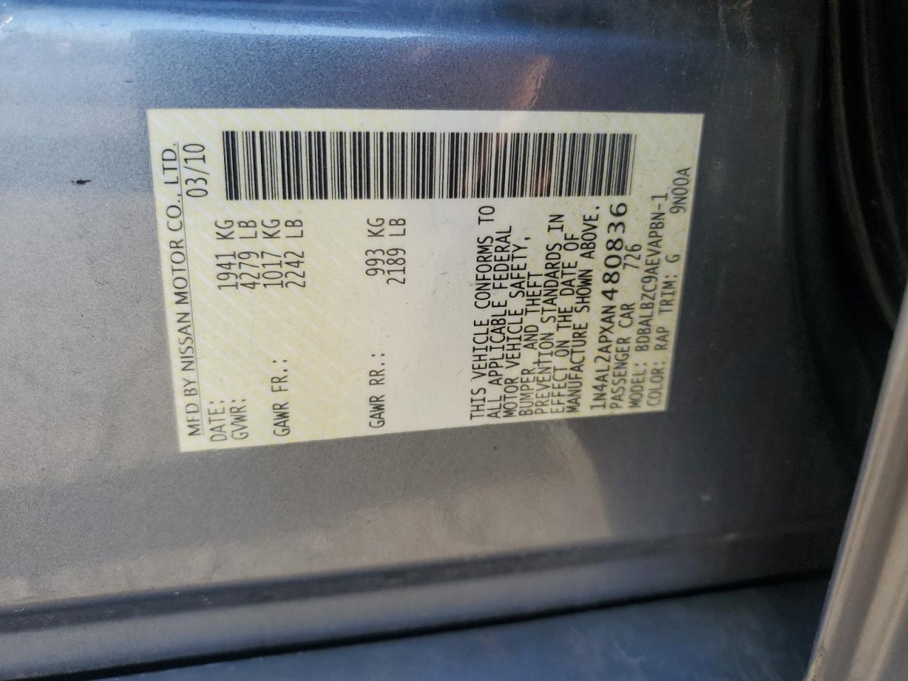 2010 Nissan Altima Base VIN: 1N4AL2APXAN480836 Lot: 81817295