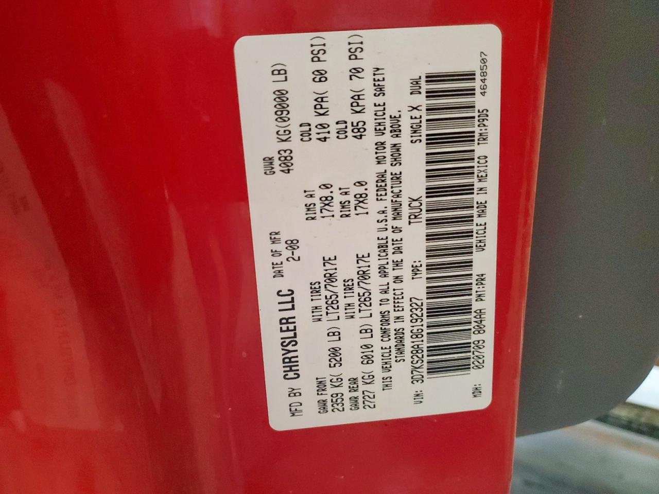 2008 Dodge Ram 2500 St VIN: 3D7KS28A18G192327 Lot: 80944075