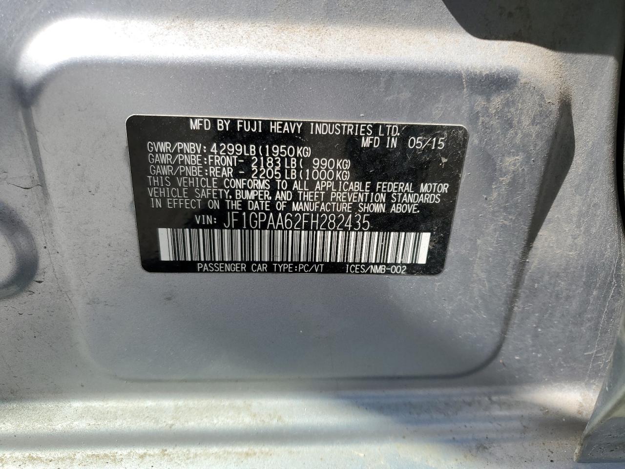 2015 Subaru Impreza VIN: JF1GPAA62FH282435 Lot: 71549135