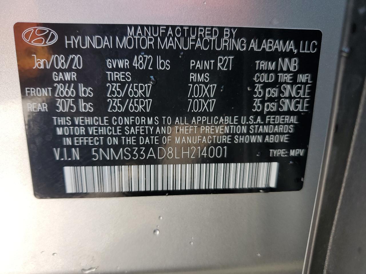 2020 Hyundai Santa Fe Sel VIN: 5NMS33AD8LH214001 Lot: 72024085