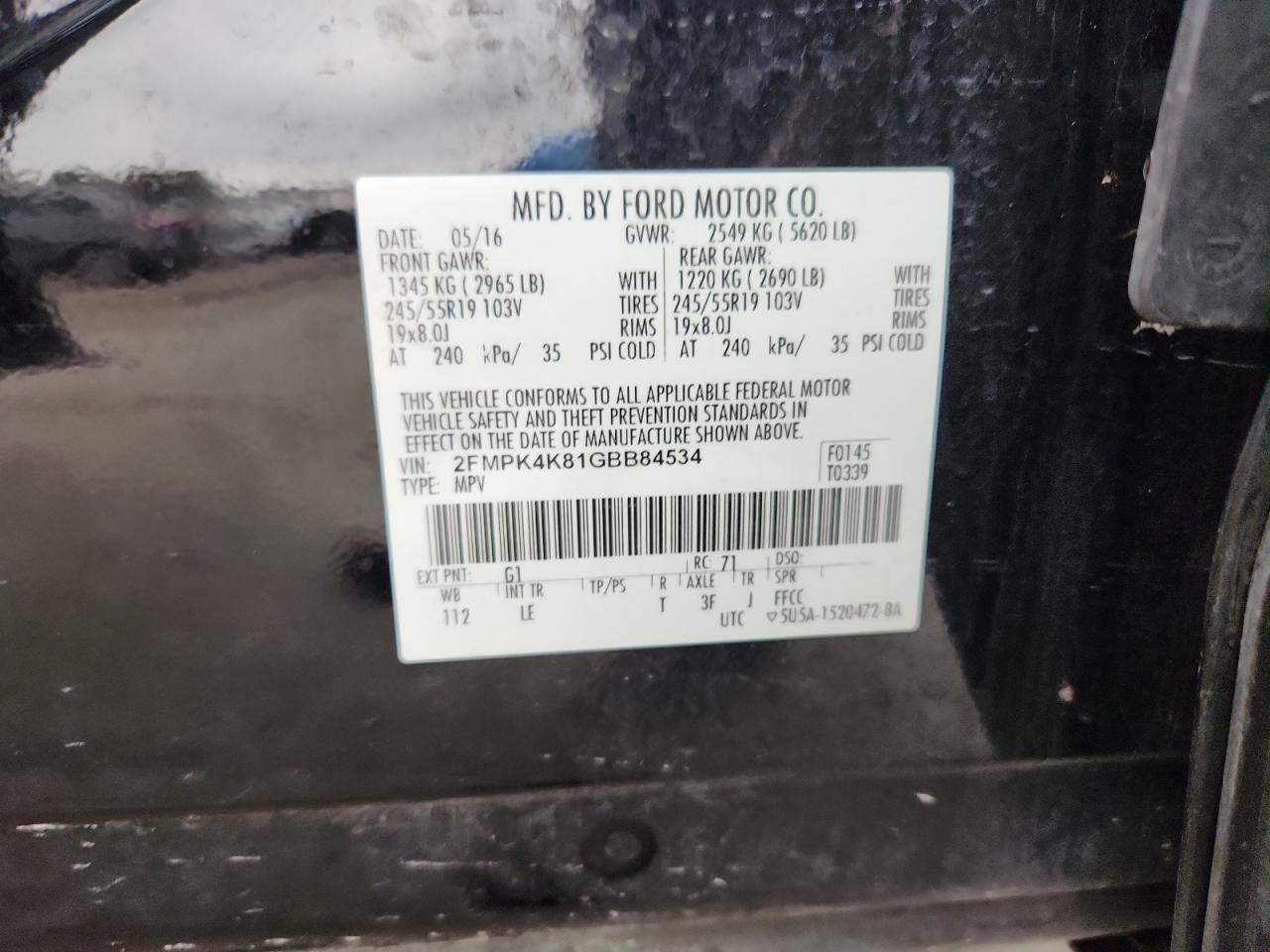 2016 Ford Edge Titanium VIN: 2FMPK4K81GBB84534 Lot: 81508795