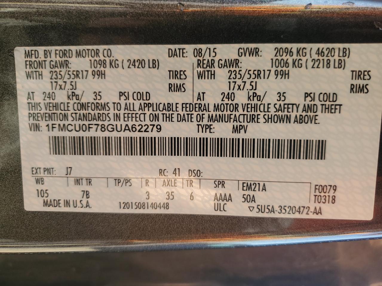 2016 Ford Escape S VIN: 1FMCU0F78GUA62279 Lot: 84263605