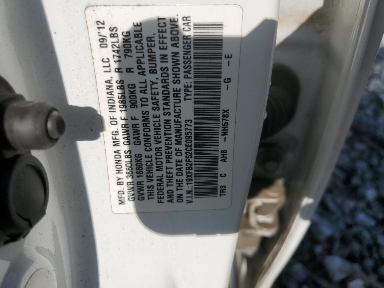 2012 Honda Civic Lx VIN: 19XFB2F52CE095773 Lot: 70829805