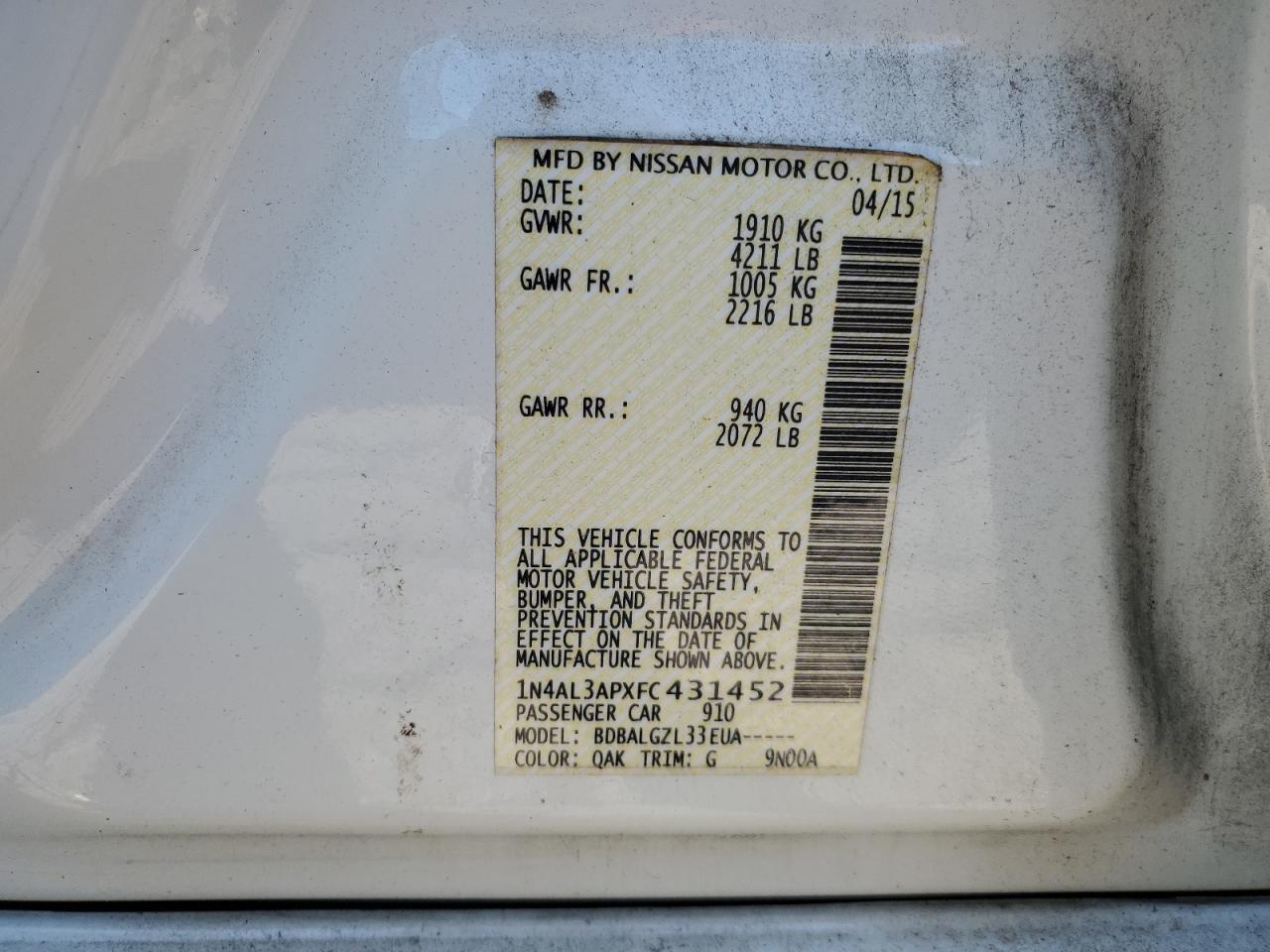 2015 Nissan Altima 2.5 VIN: 1N4AL3APXFC431452 Lot: 84224915