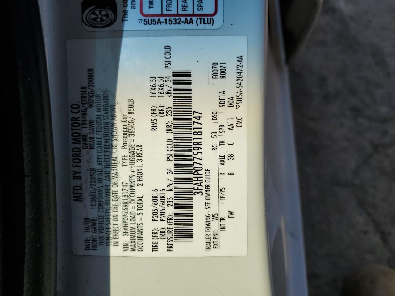 2009 Ford Fusion Se VIN: 3FAHP07Z59R181747 Lot: 80562535