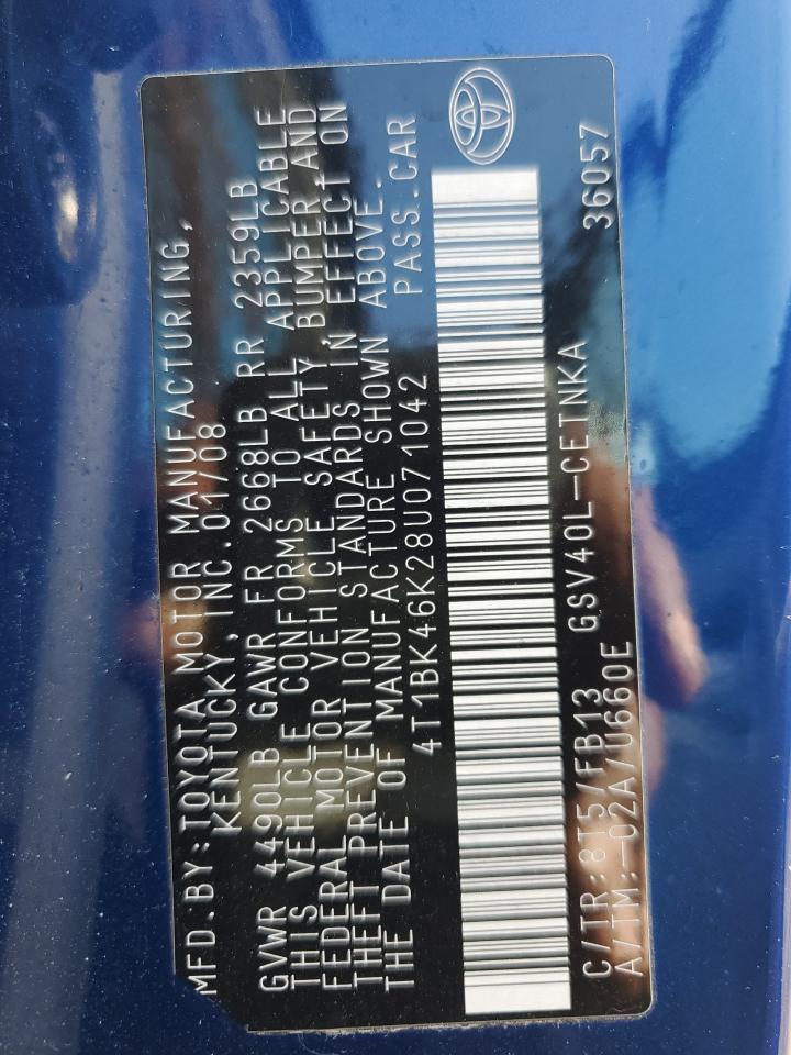 2008 Toyota Camry Le VIN: 4T1BK46K28U071042 Lot: 81578265