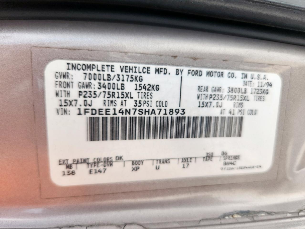 1995 Ford Econoline E150 Van VIN: 1FDEE14N7SHA71893 Lot: 80806885