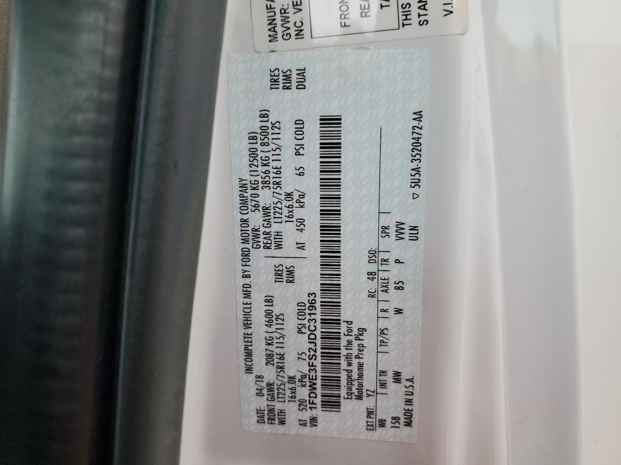 2018 Ford Econoline E350 Super Duty Cutaway Van VIN: 1FDWE3FS2JDC31963 Lot: 70386085