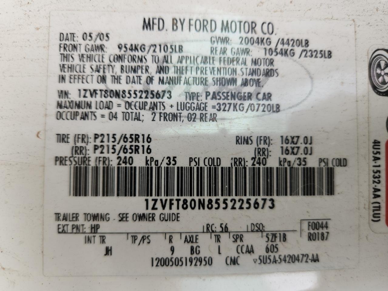 2005 Ford Mustang VIN: 1ZVFT80N855225673 Lot: 80343005