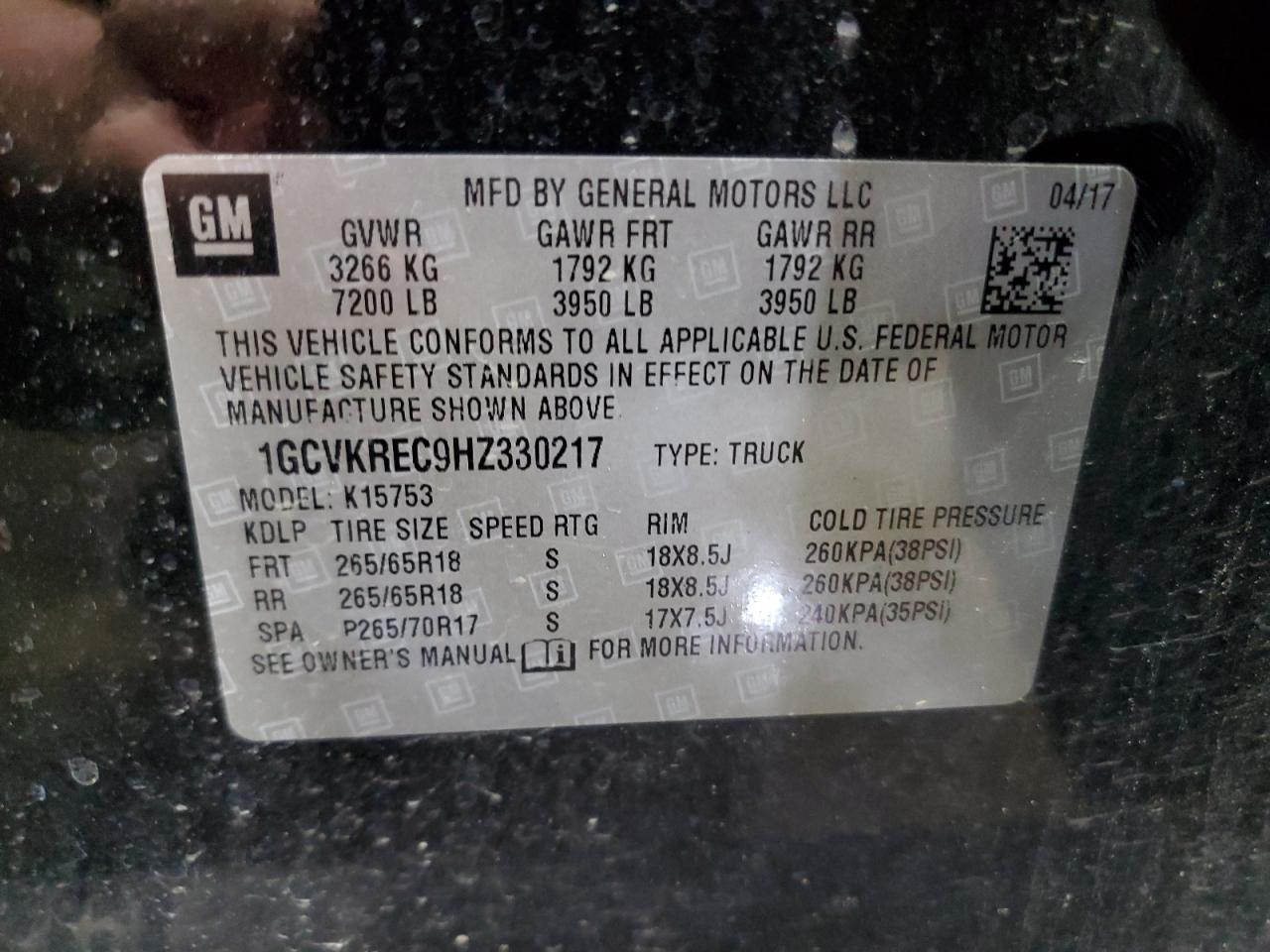 2017 Chevrolet Silverado K1500 Lt VIN: 1GCVKREC9HZ330217 Lot: 70091715