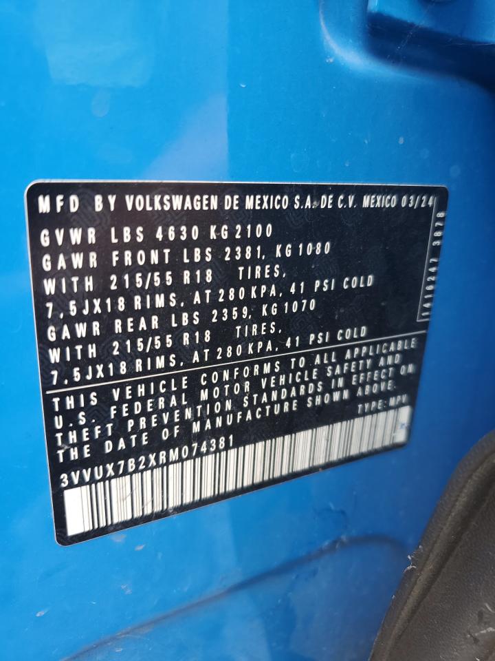 2024 Volkswagen Taos Se VIN: 3VVUX7B2XRM074381 Lot: 80567005