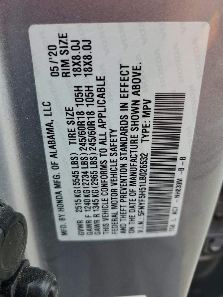 2020 Honda Pilot Exl VIN: 5FNYF5H51LB026532 Lot: 81218405