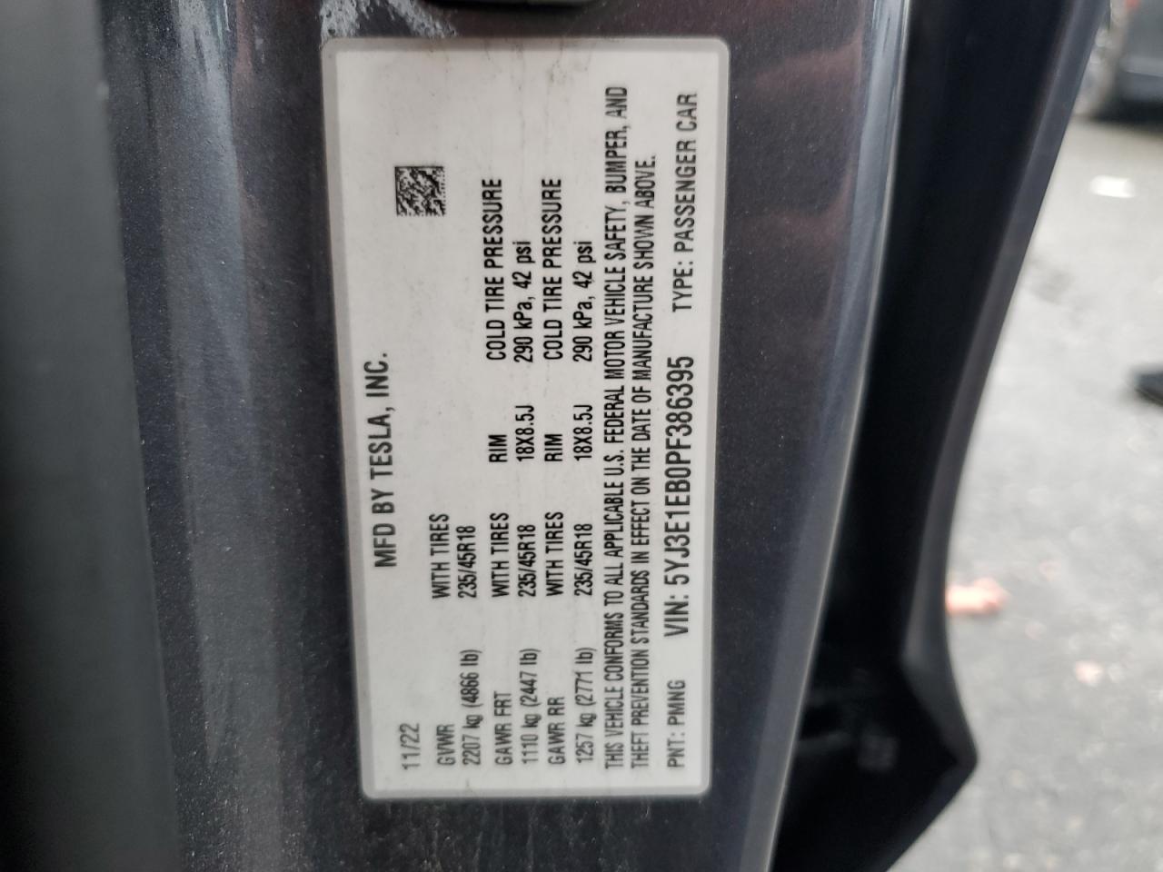 2023 Tesla Model 3 VIN: 5YJ3E1EB0PF386395 Lot: 81400945