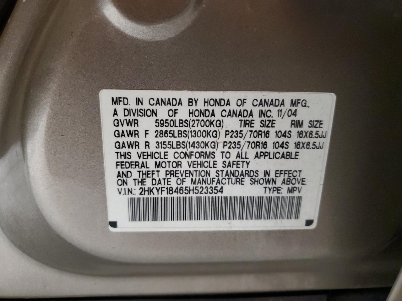 2005 Honda Pilot Ex VIN: 2HKYF18465H523354 Lot: 71467895