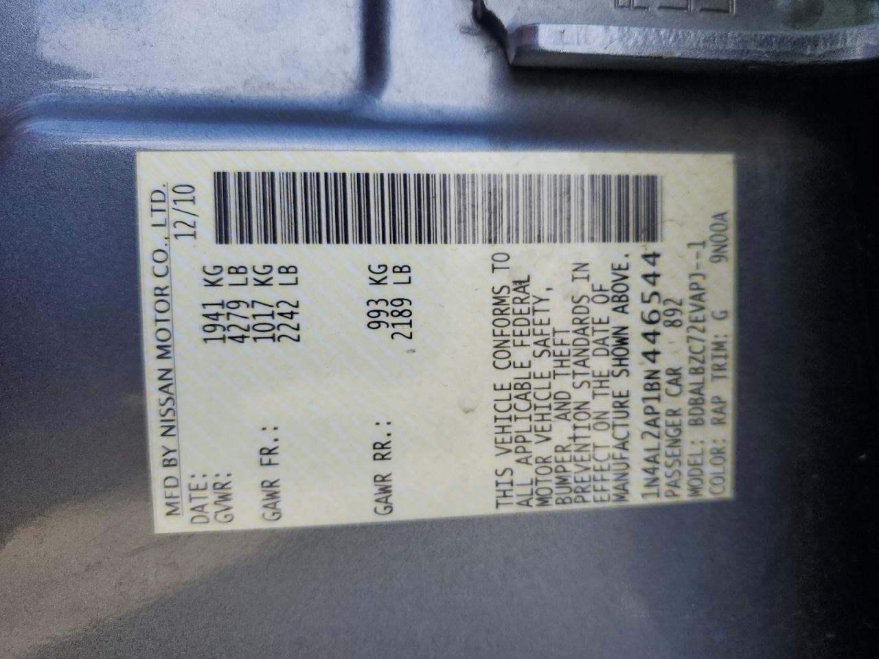 2011 Nissan Altima Base VIN: 1N4AL2AP1BN446544 Lot: 70916645