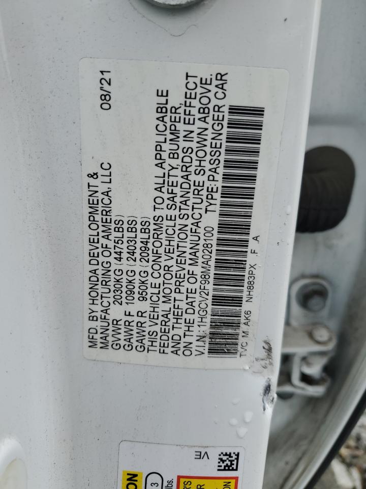 2021 Honda Accord Touring VIN: 1HGCV2F98MA028100 Lot: 81312495