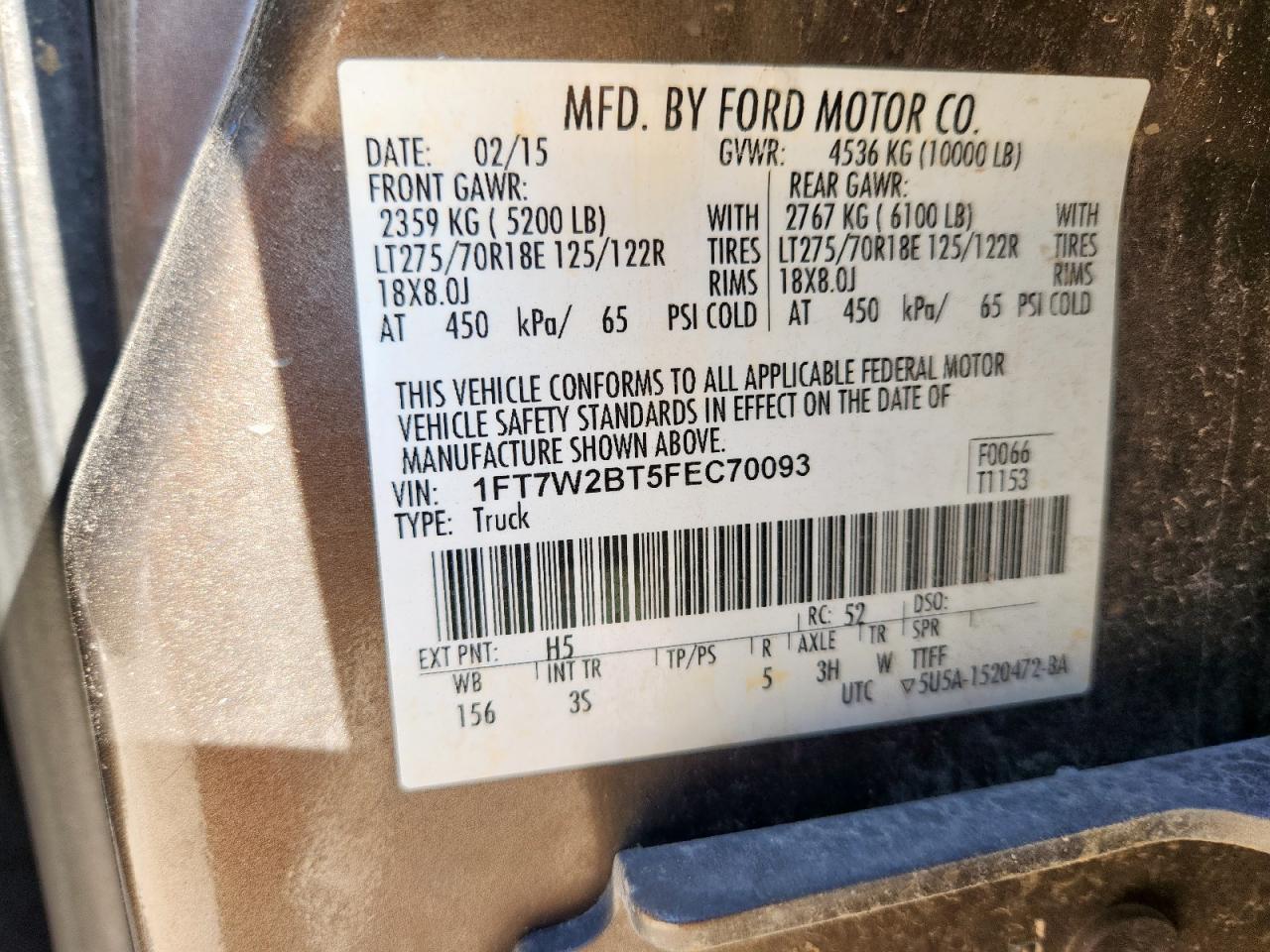 2015 Ford F250 Super Duty VIN: 1FT7W2BT5FEC70093 Lot: 71149215