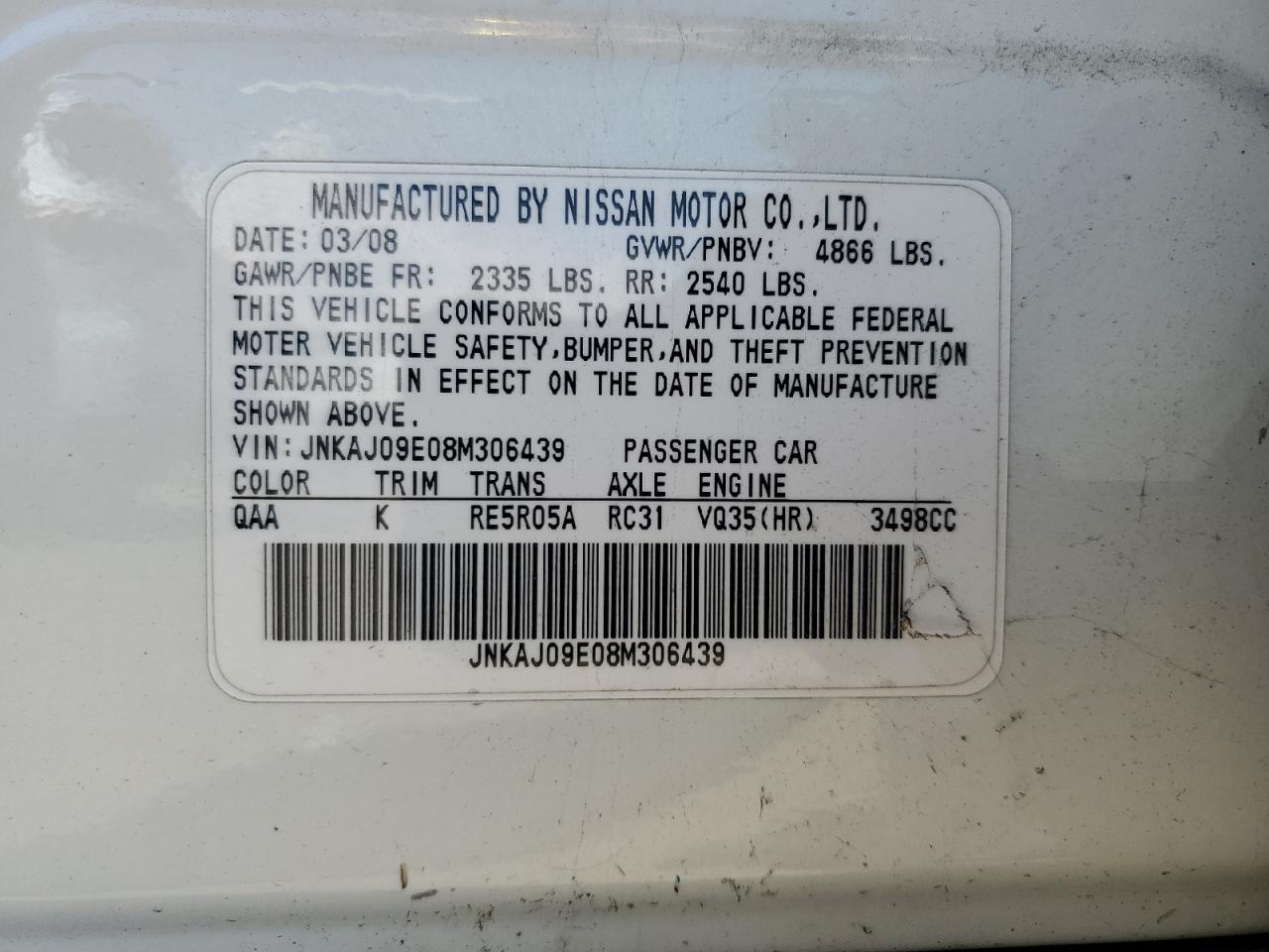 2008 Infiniti Ex35 Base VIN: JNKAJ09E08M306439 Lot: 71556615