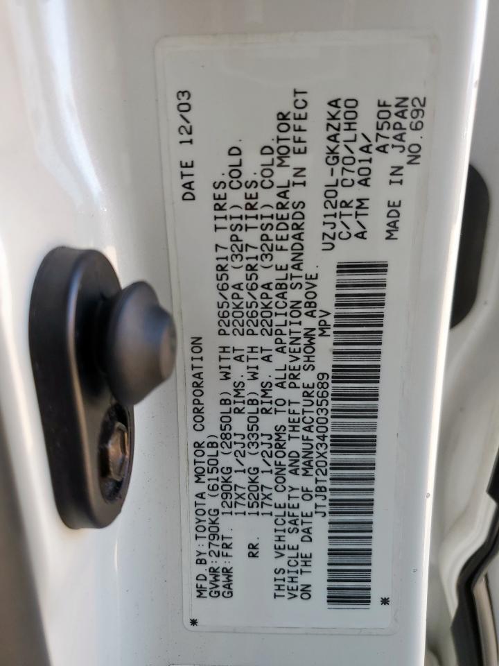 2004 Lexus Gx 470 VIN: JTJBT20X340035689 Lot: 80021085