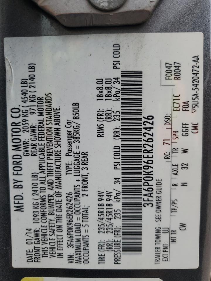 2014 Ford Fusion Titanium VIN: 3FA6P0K96ER262426 Lot: 81606055